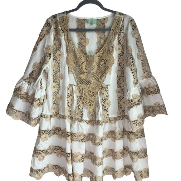 Antica Sartoria By Giacomo White Metallic Gold Lace Tunic Babydoll Short Dress - Picture 1 of 13